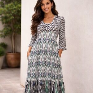 Chicos Maxi Dress Geometric Ikat Print Long Sleeve V Neck Flowy Women Size 12‎
